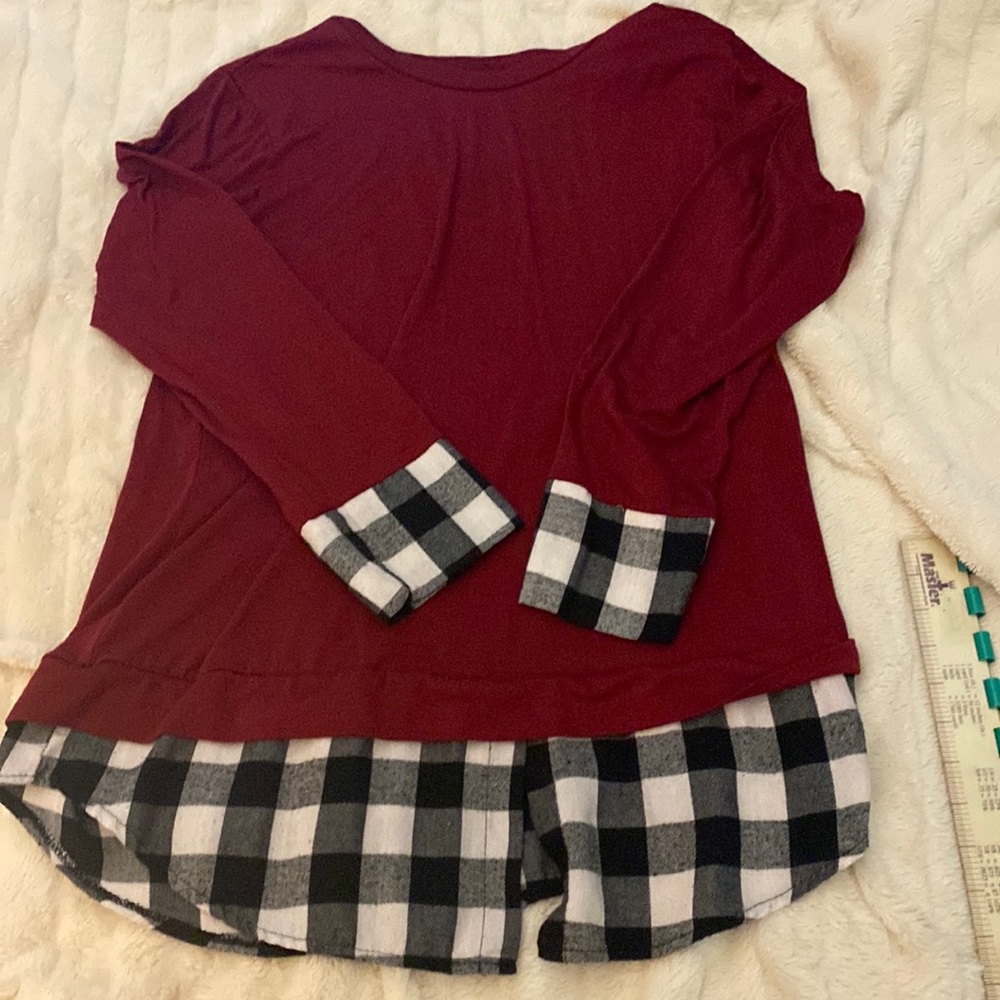 Red shirt with plaid mock undershirt